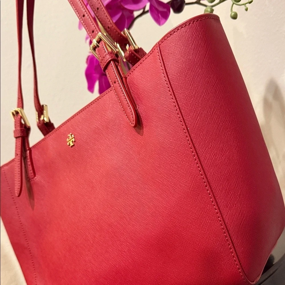 Tory Burch Red Leather Tote Bag laptop work tablet designer purse handbag
